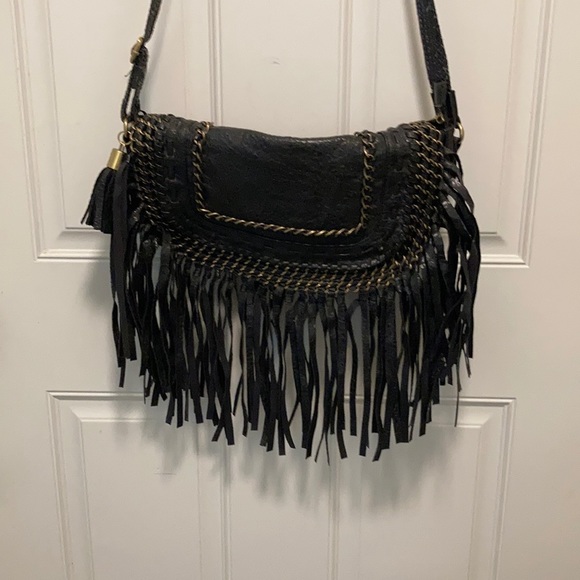 Black leather Boho purse with gold chain detail